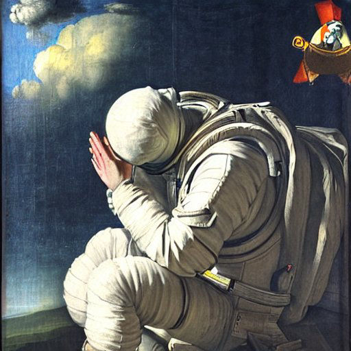 Astronaut praying in the style of Rembrant